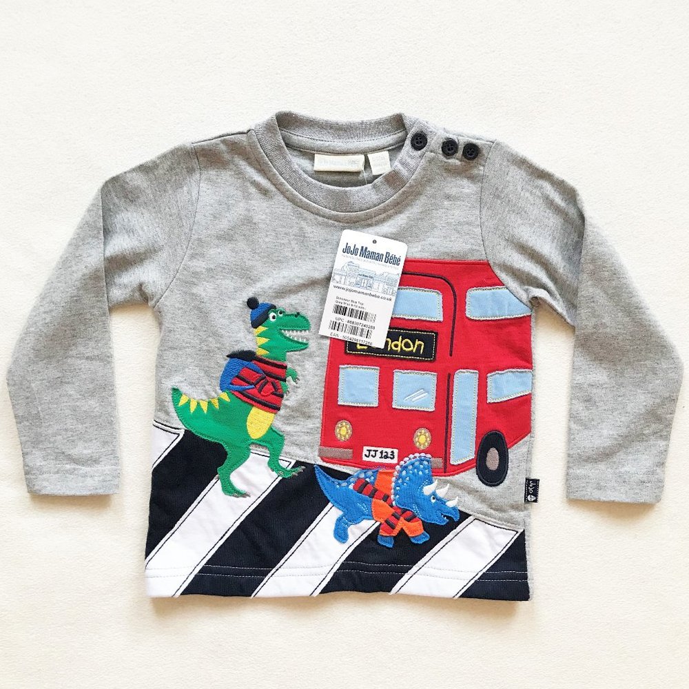 NWT JOJO MAMAN BEBE 6-12M Dinosaur Bus Top Crosswalk Applique London Grey Boys